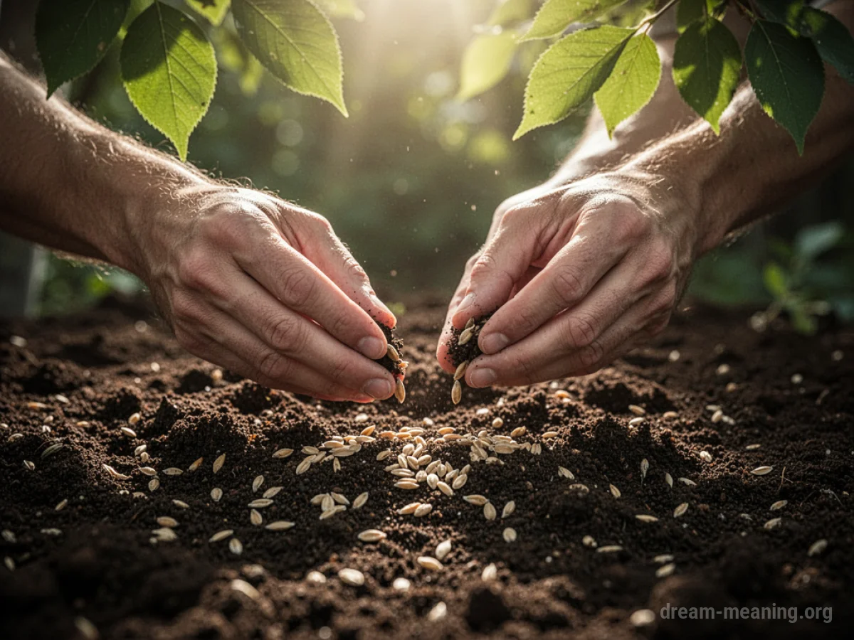 Hands placing seeds into soil.