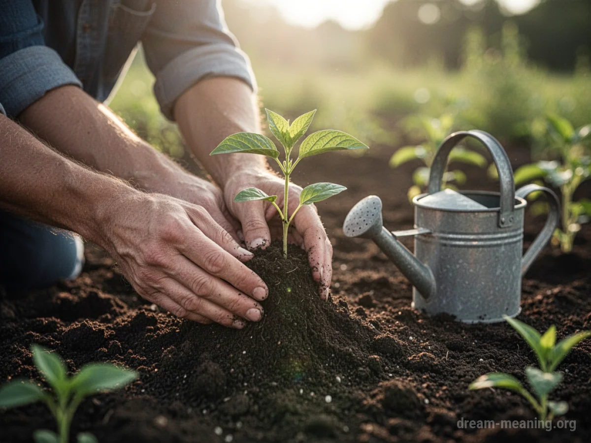 Hands planting a small green seedling in soil.