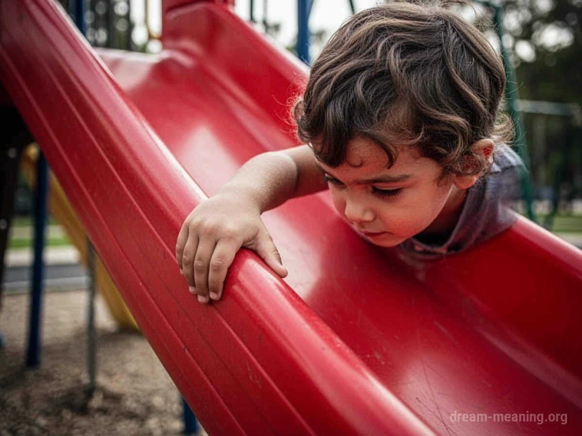 A child's hand on the edge of a playground slide.