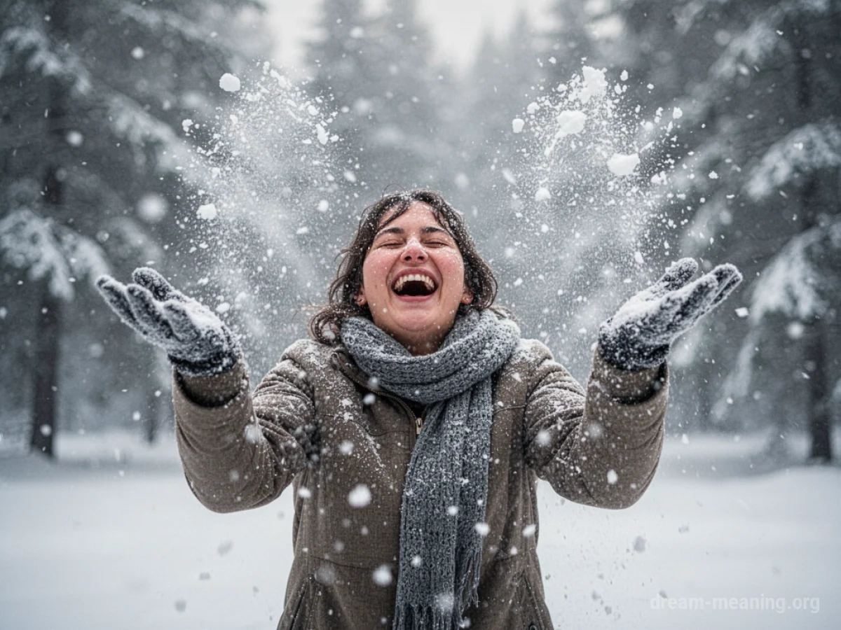 A person joyfully throwing snow upwards while flakes fall gently.