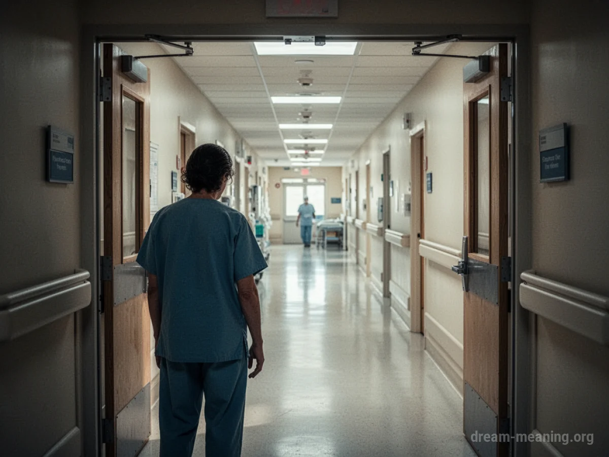 Person standing at the start of a hospital corridor.