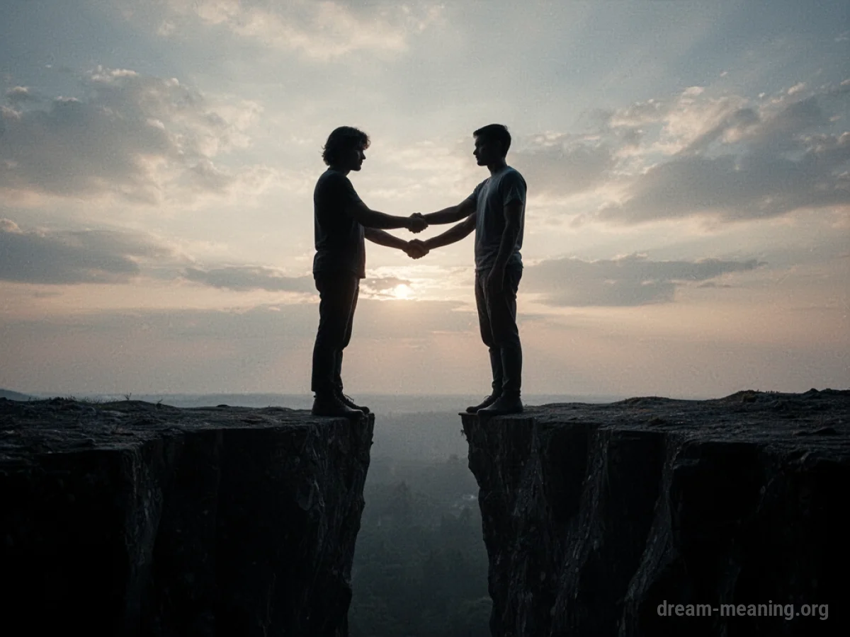 A dark silhouette of one person reaching out to another person standing precariously close to an abyss.
