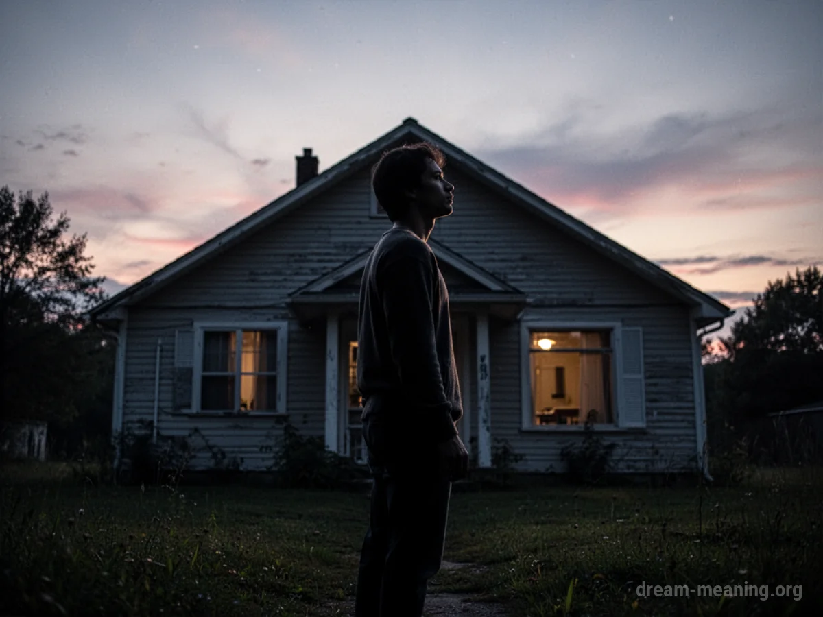 Silhouette of a person standing guard in front of a house.