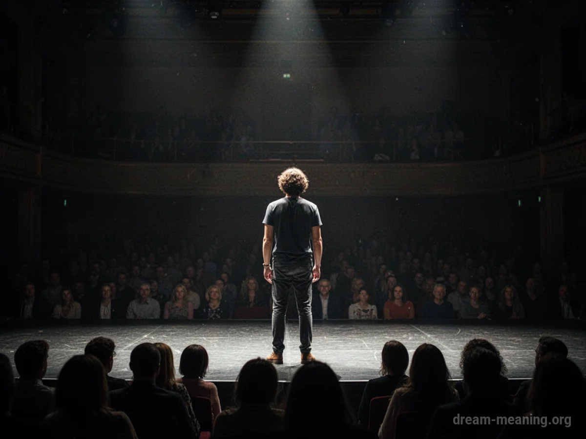 A lone figure stands on a stage in front of a dark, empty space.