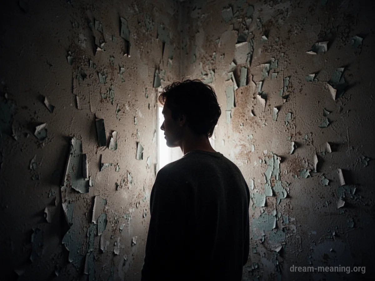 Silhouette of a person near a wall with peeling layers.