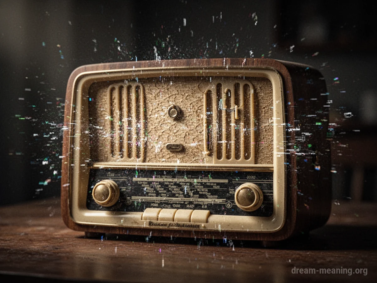 A vintage radio with a fuzzy static pattern emanating from its speaker.