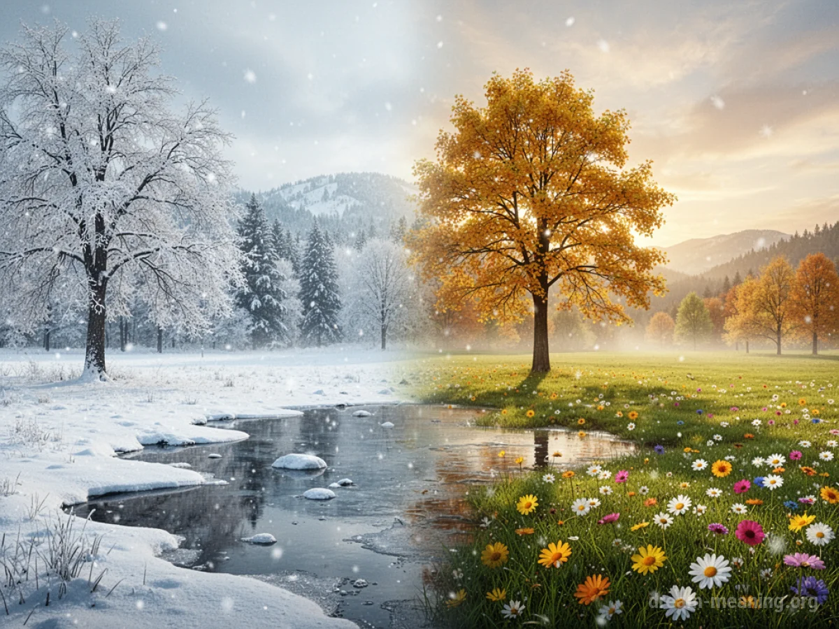 A landscape with abrupt transitions between different seasons.