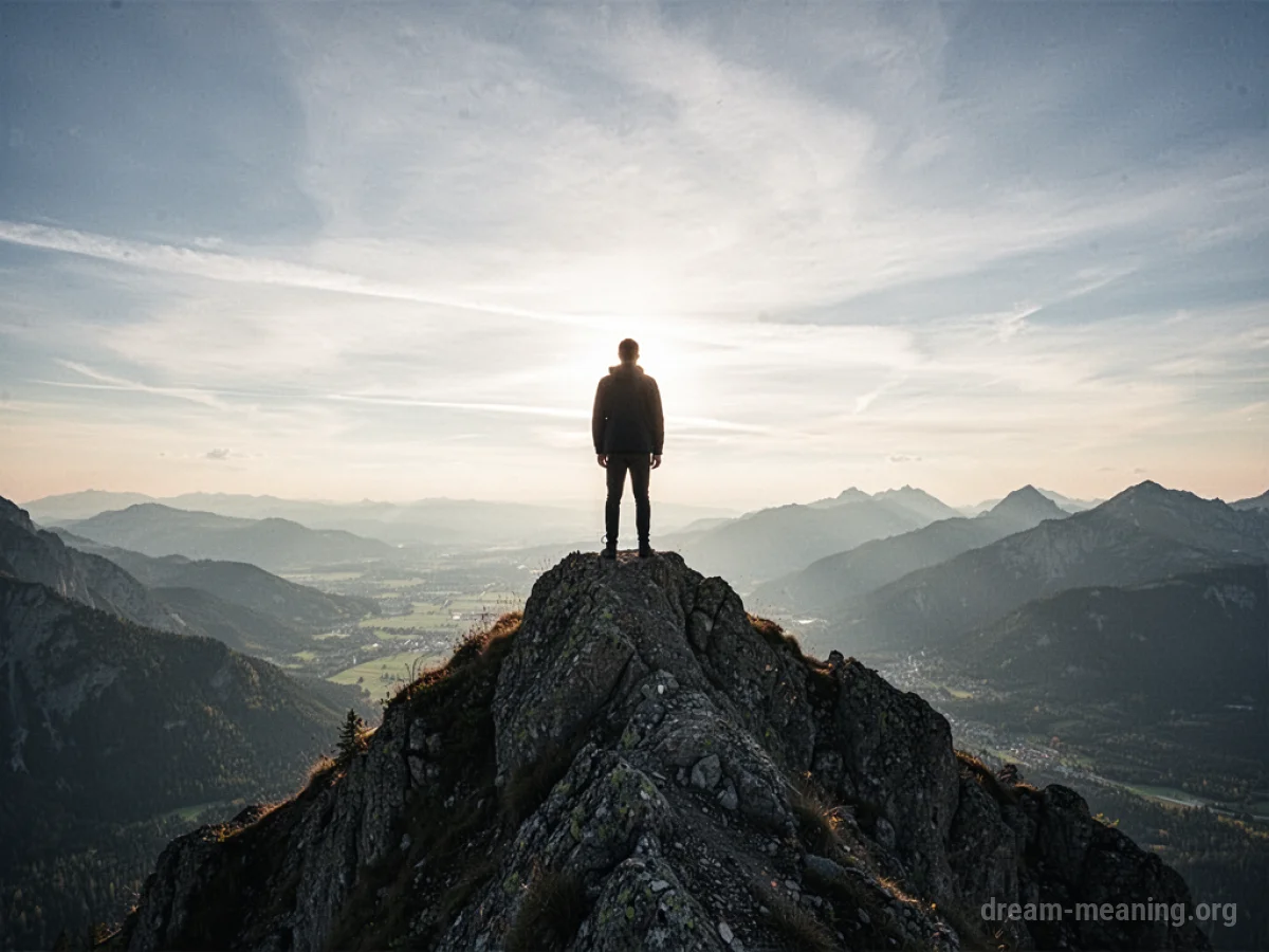 Silhouette of a person standing on a mountain summit.