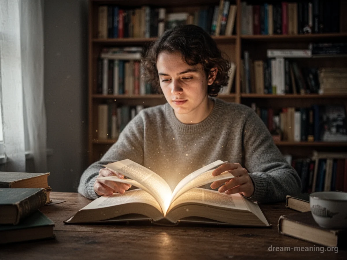 A person reading an open book at a desk.