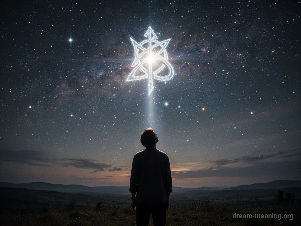 A faint light pattern in the night sky above a person's head.