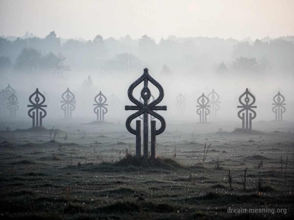 A repeated abstract symbol appearing in a foggy background.