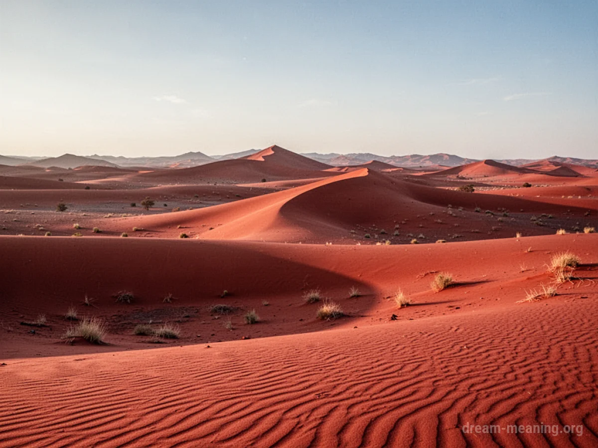 A wide expanse of dunes with reddish-hued sand.