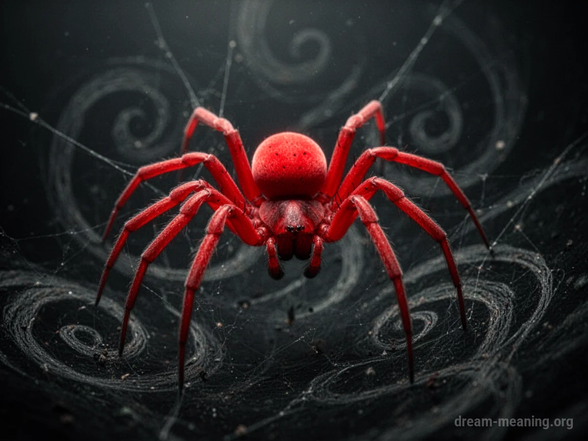 A bright red spider with multiple legs is shown against a dark, swirling background.