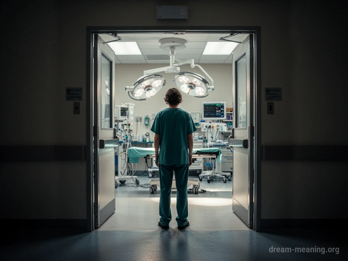 Silhouette of a person standing before an open doorway leading into a sterile room.