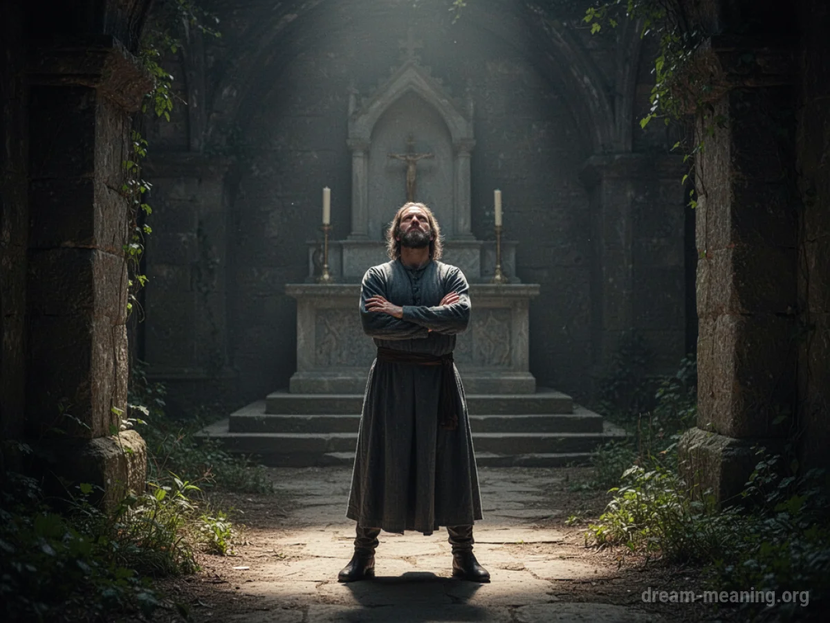 A figure stands with arms crossed, blocking a path leading to an altar.