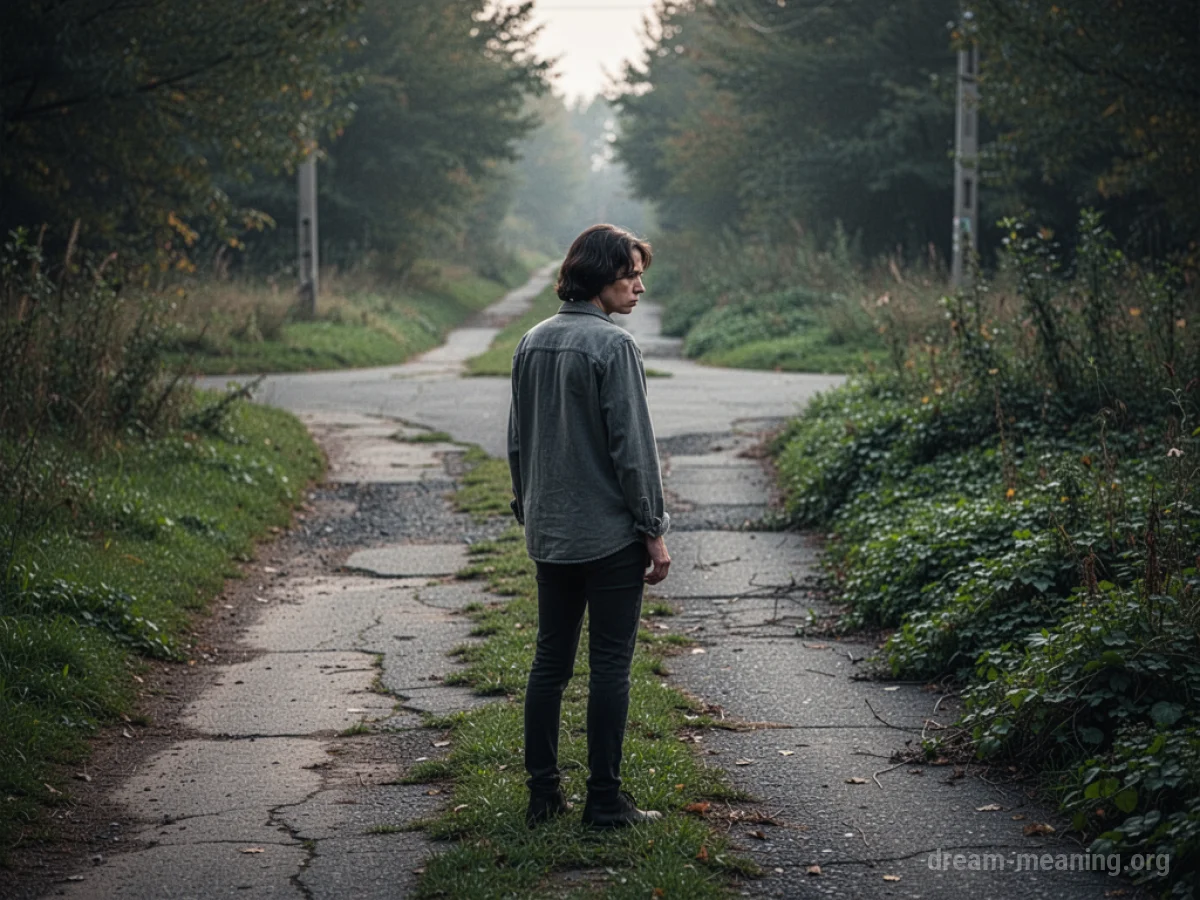 Person standing at a crossroads looking back.