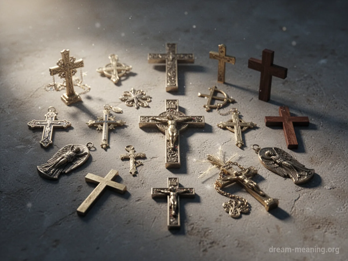 Various religious symbols like a cross, Star of David, crescent moon, and Om symbol.
