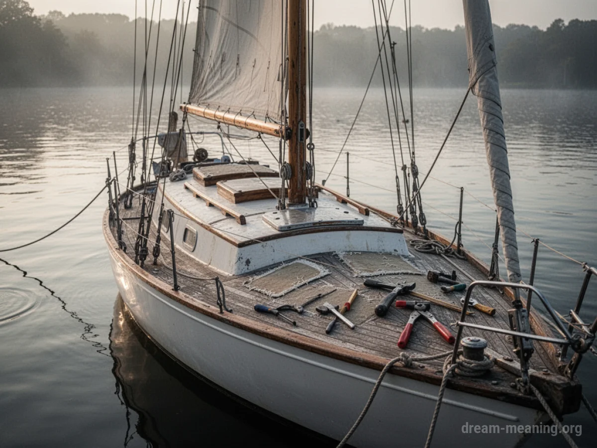 A sailboat being repaired at a dock.