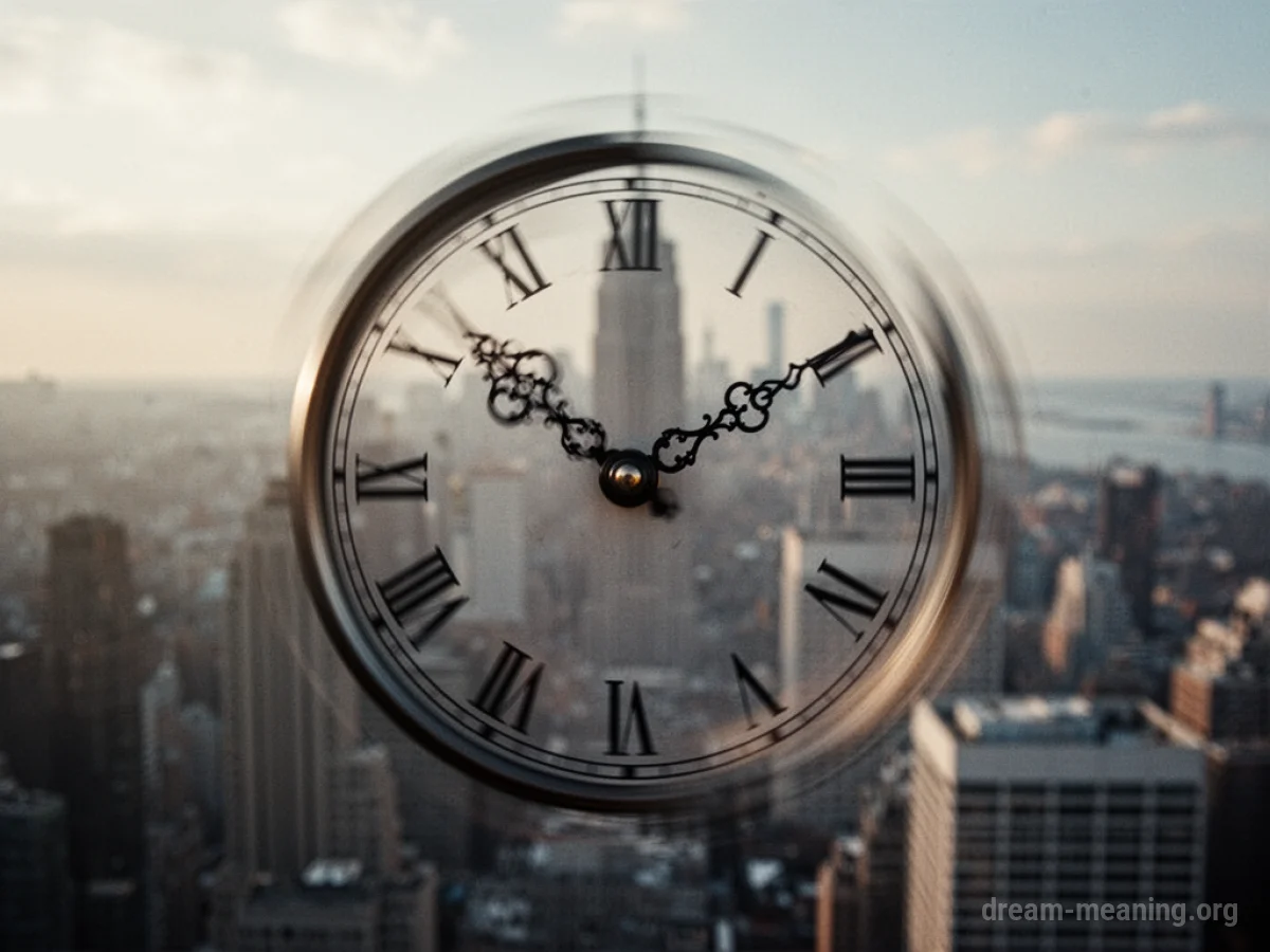 A clock with hands spinning backward over a city background.