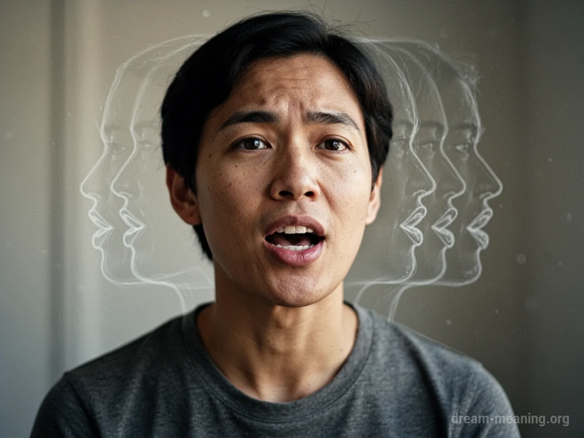 A person speaking with faint, repeating outlines of their mouth behind them.