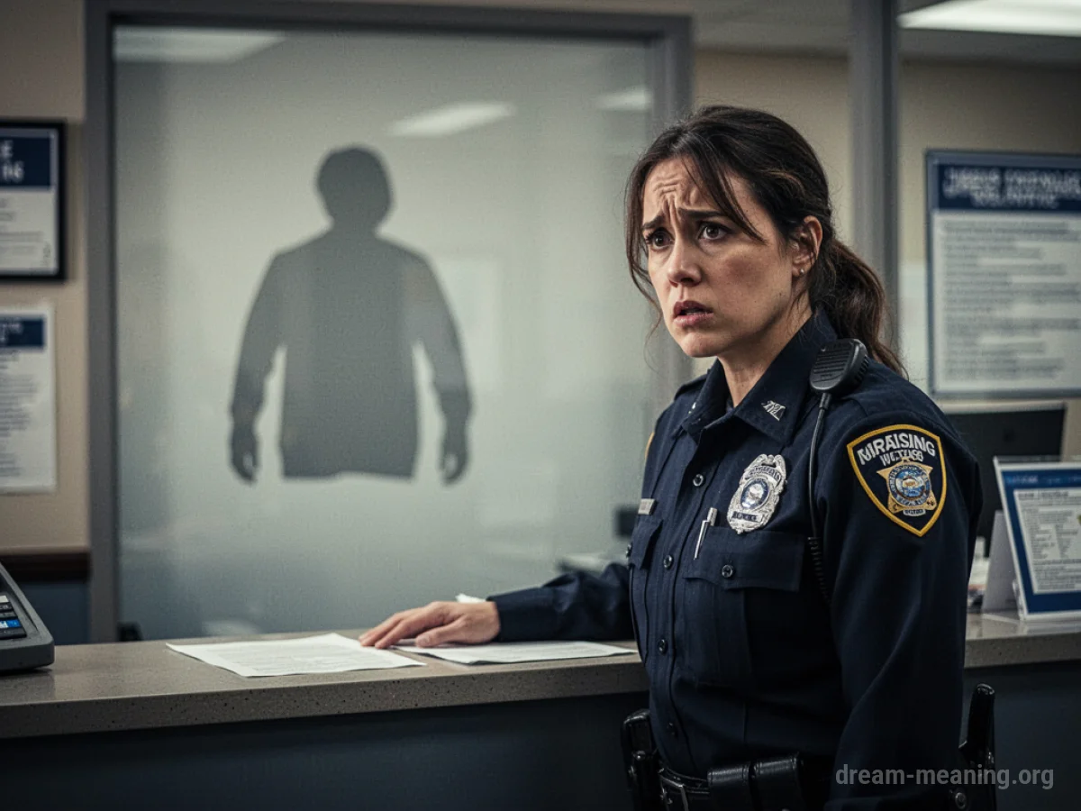 A person stands at a police station counter looking worried.