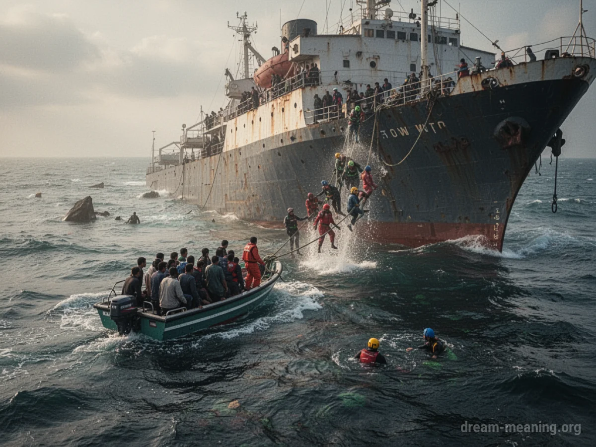 A small boat alongside a large ship with people being helped aboard the boat.