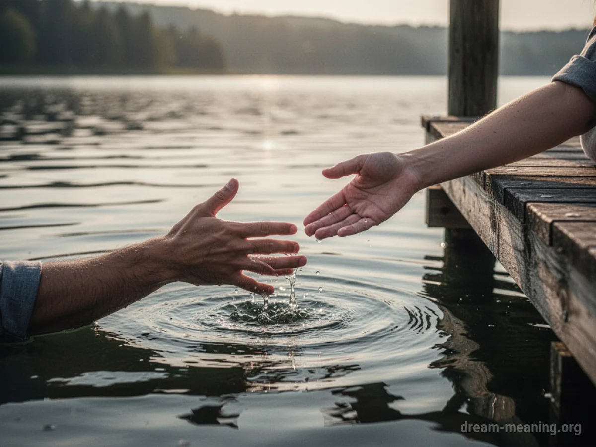 A hand reaching from water to a hand on a dock.