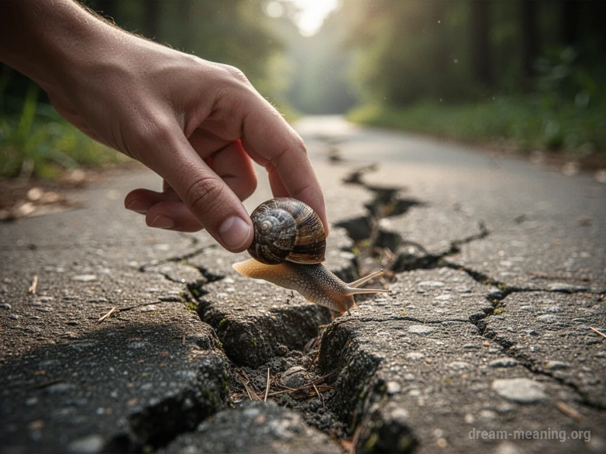 A person's hand carefully lifting a snail.