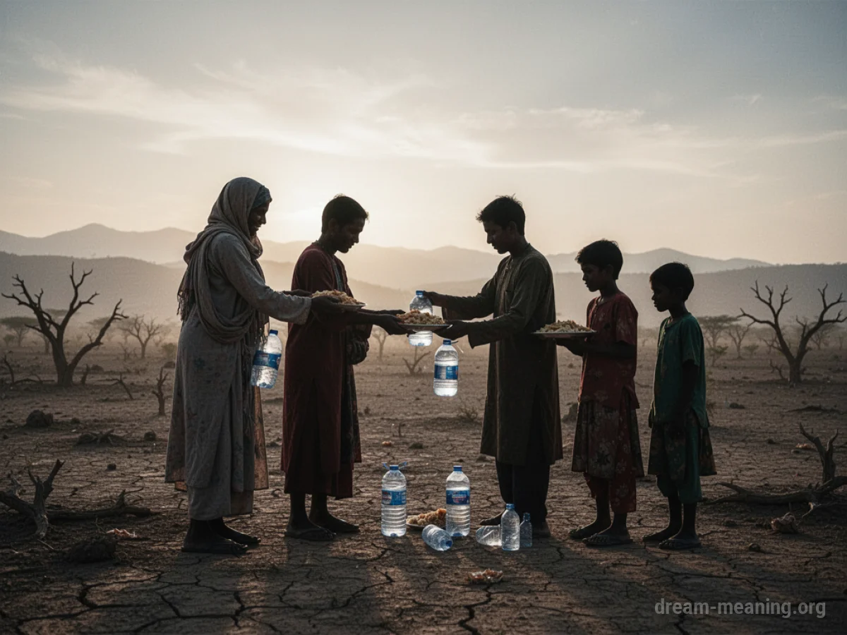 Silhouettes of people extending aid to others in a desolate setting.