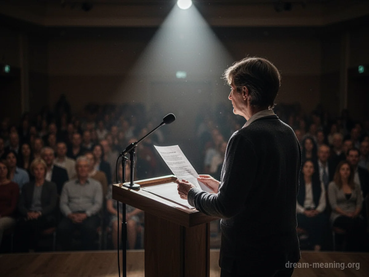 A person stands alone under a spotlight at a podium.