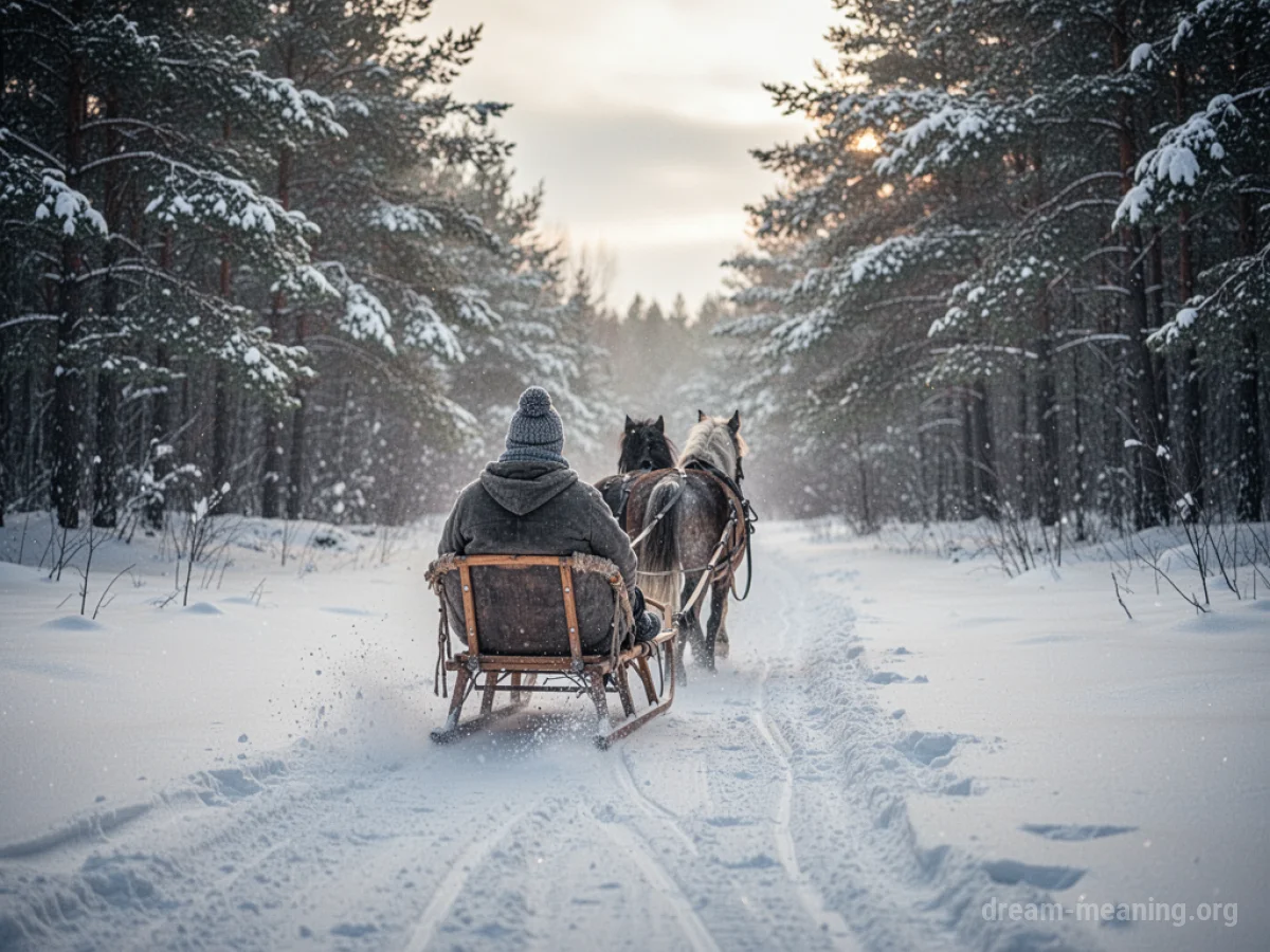 A person riding in a sleigh through a snowy forest.