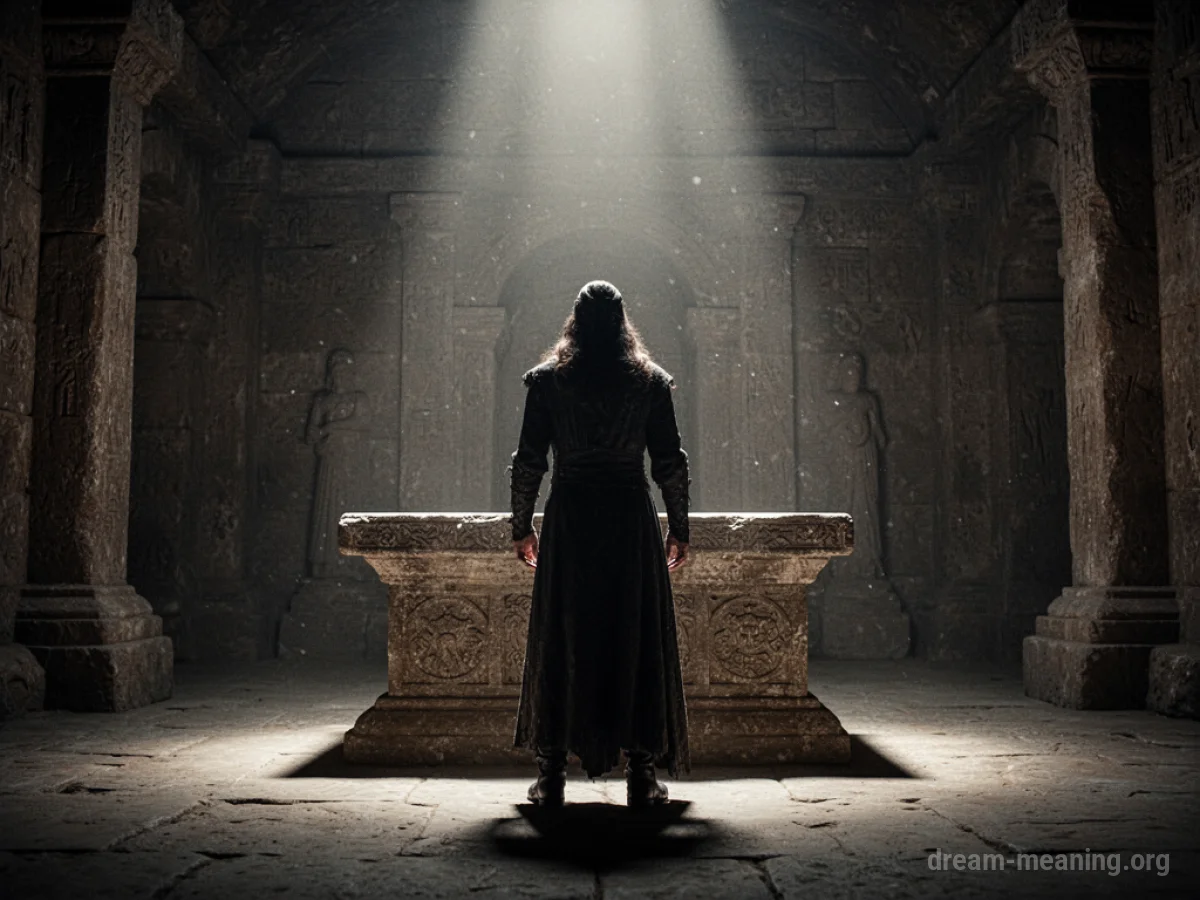 A silhouetted figure before a stone altar under a beam of light.