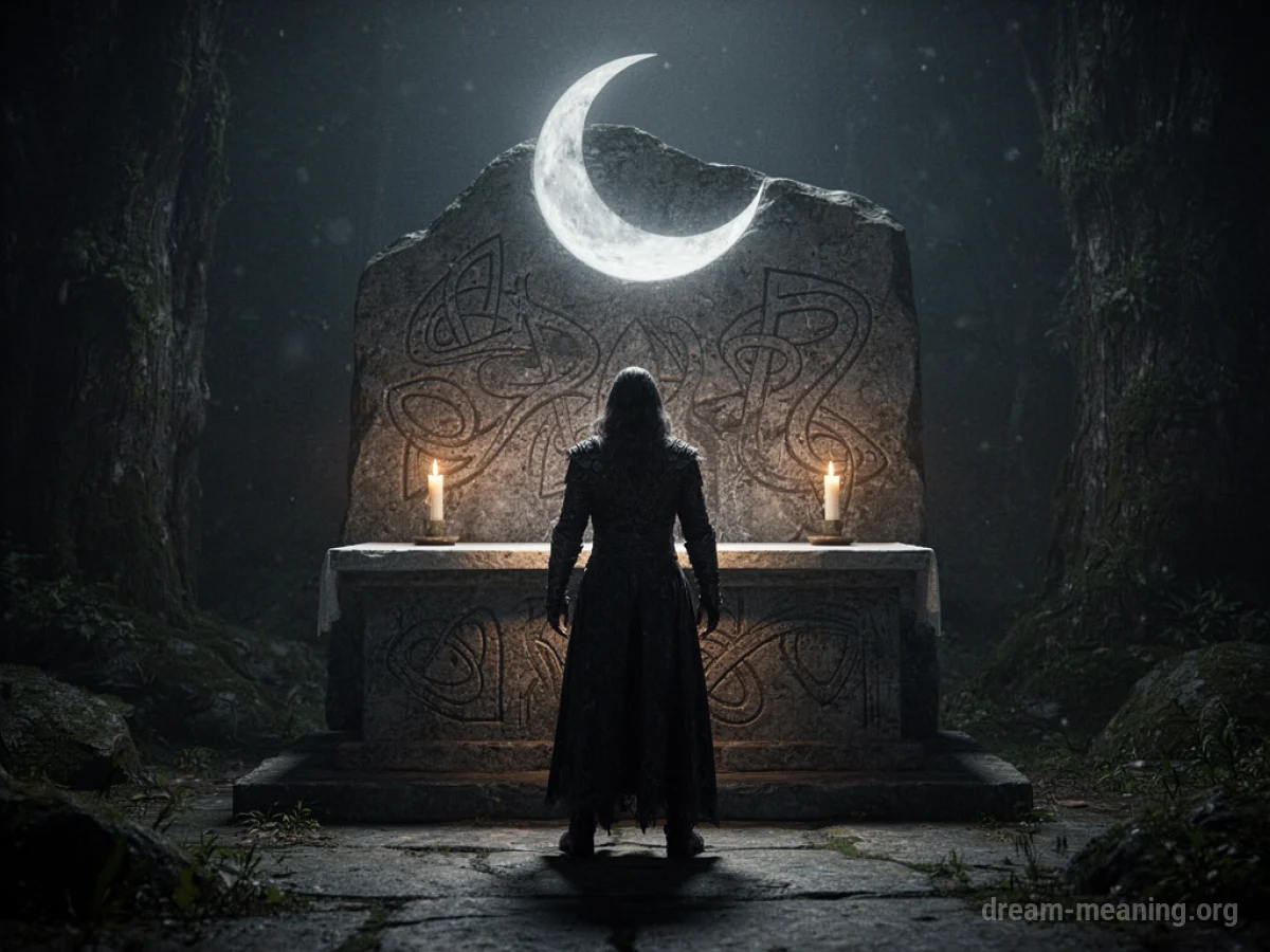 A silhouette of a person near a stone structure under a moon.