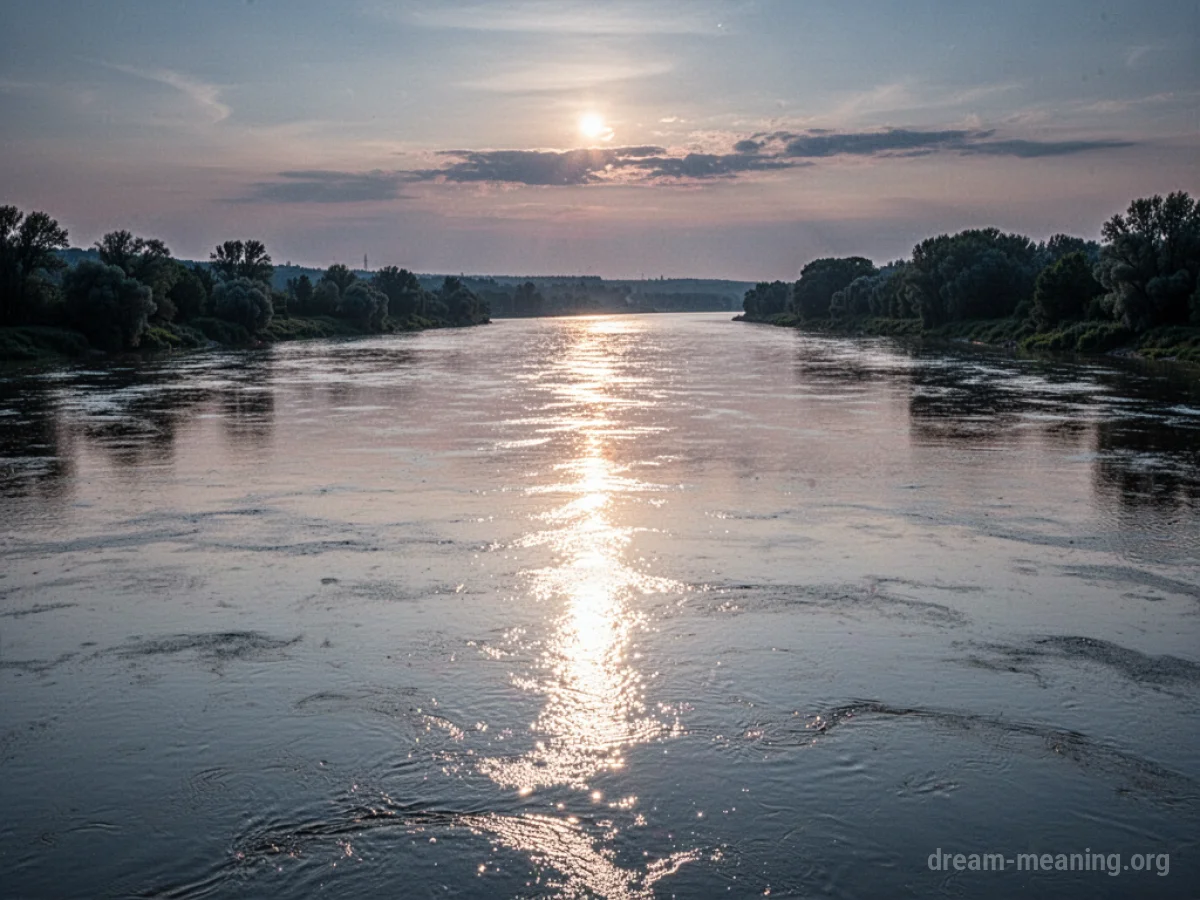 A wide river with luminous, silver-colored water reflecting the sky.