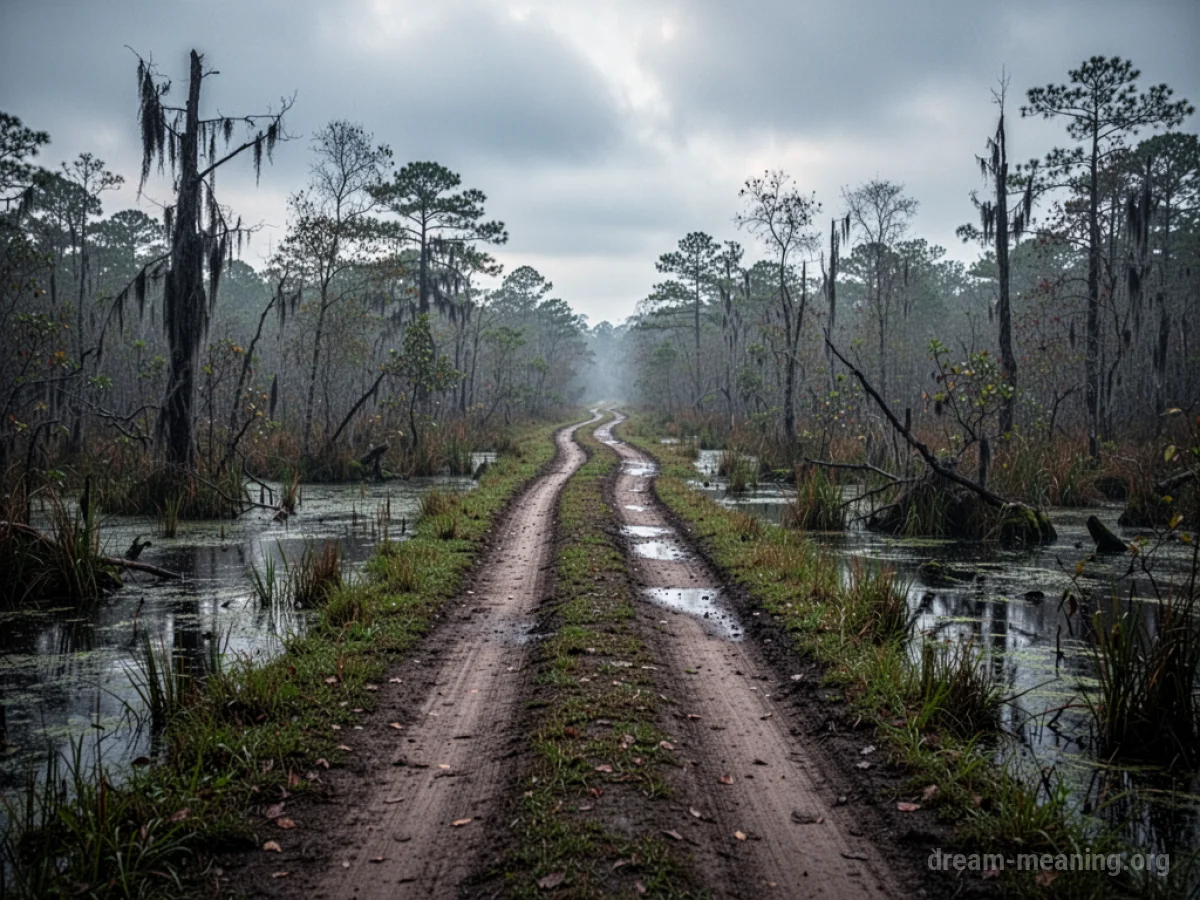 A dirt road disappearing into a dense, wet swamp.