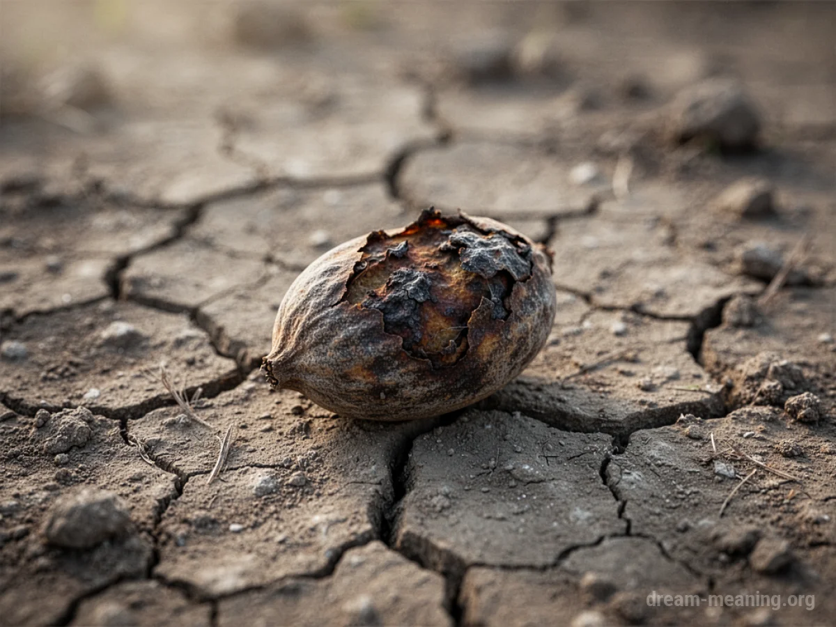 A shriveled, discolored seed resting on barren ground.