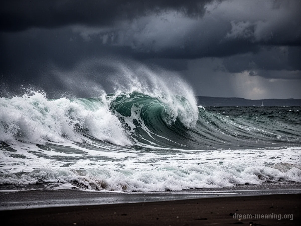 A large, powerful wave crashing in turbulent water.