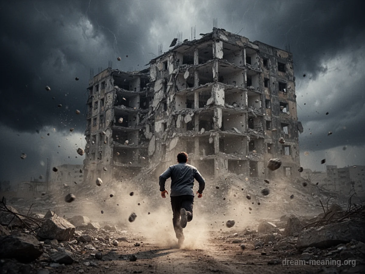 A silhouetted figure running away from a large, disintegrating building.