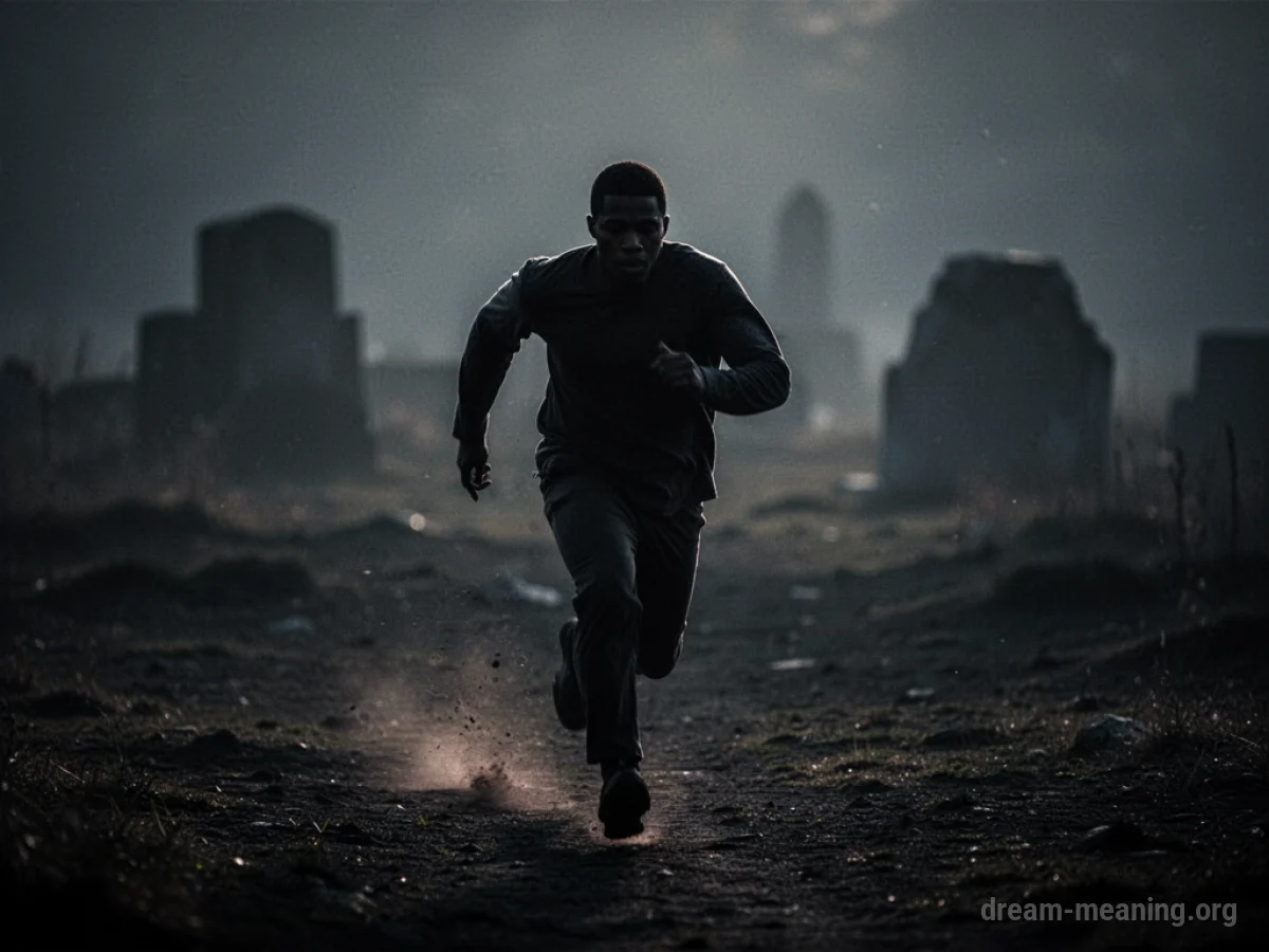 Silhouette of a person running away through a blurry, dark environment.