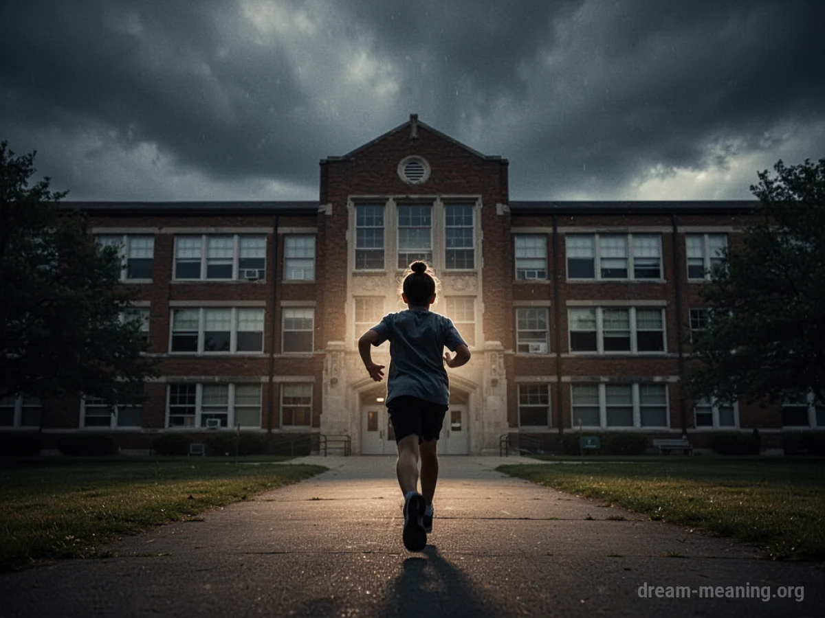 Silhouette of a person running away from a school building under a dark sky.