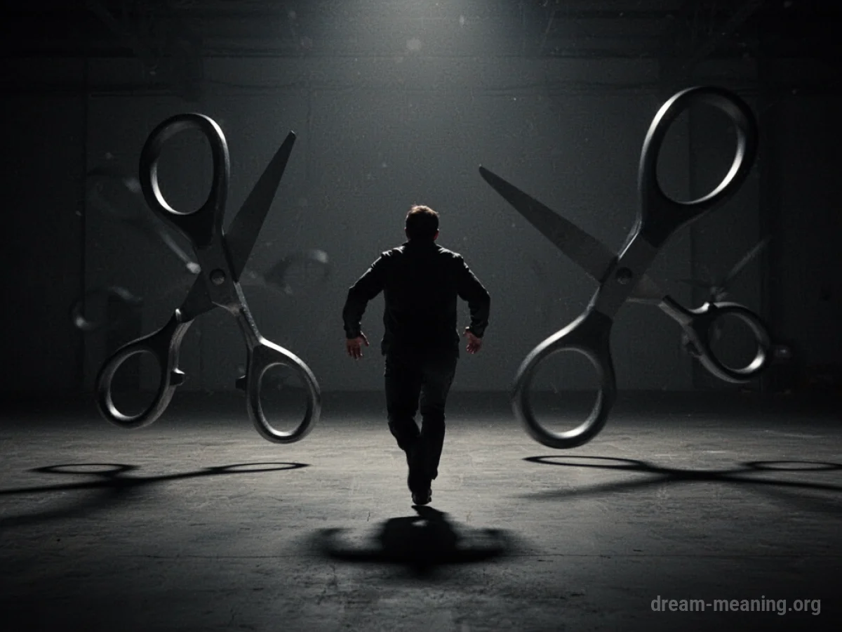 A silhouette of a person fleeing from large, dark shapes.