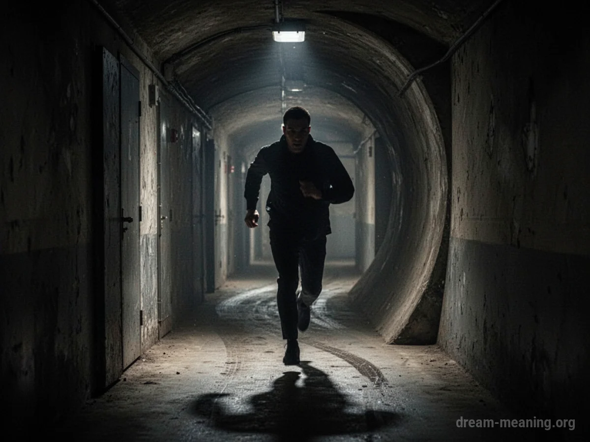Silhouette of a person running down a dark, narrow hallway.