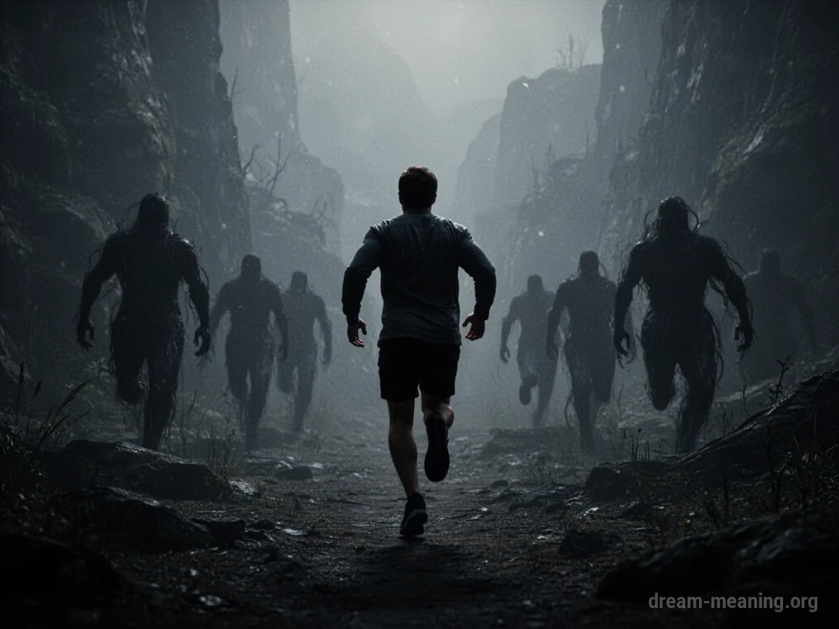 Silhouette of a person running through a dark, abstract space with shadowy figures behind them.