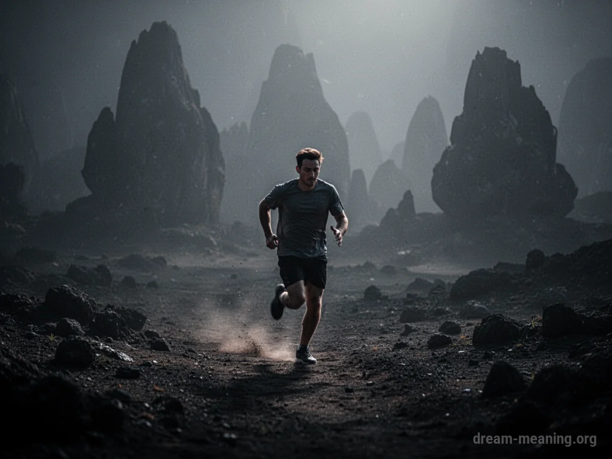 Silhouette of a person running away from indistinct, dark forms.