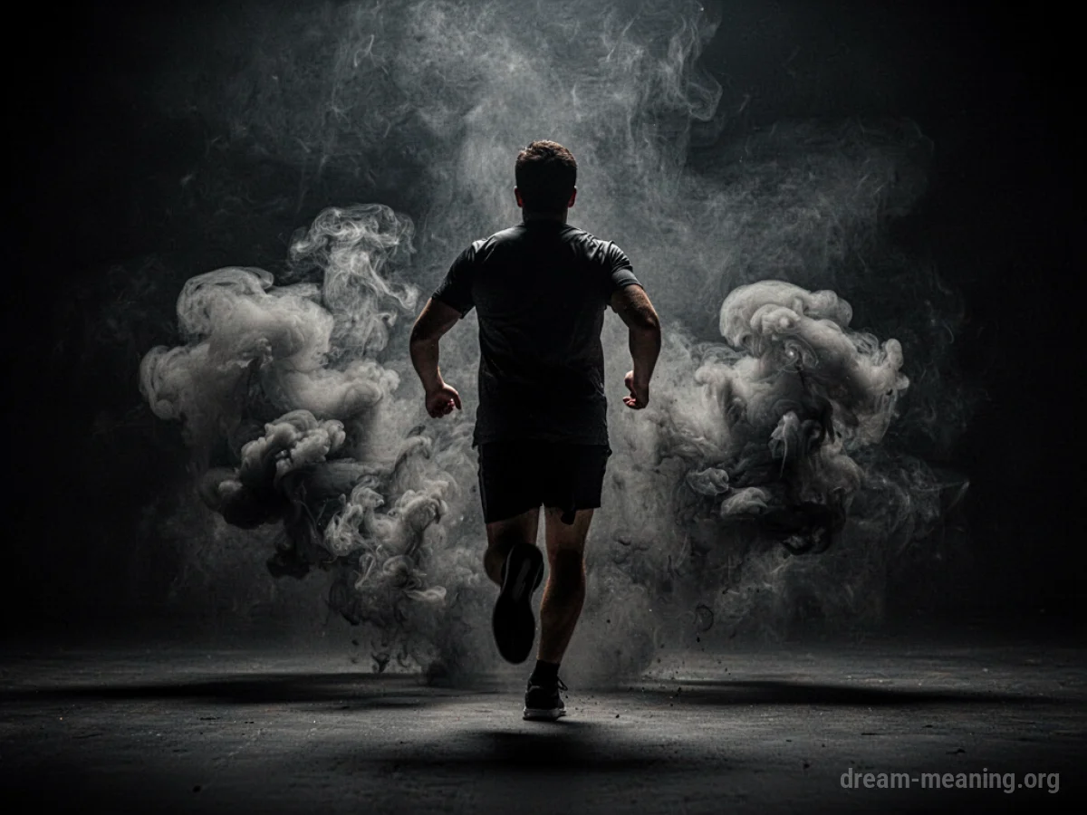 Silhouette of a person running away from smoke.