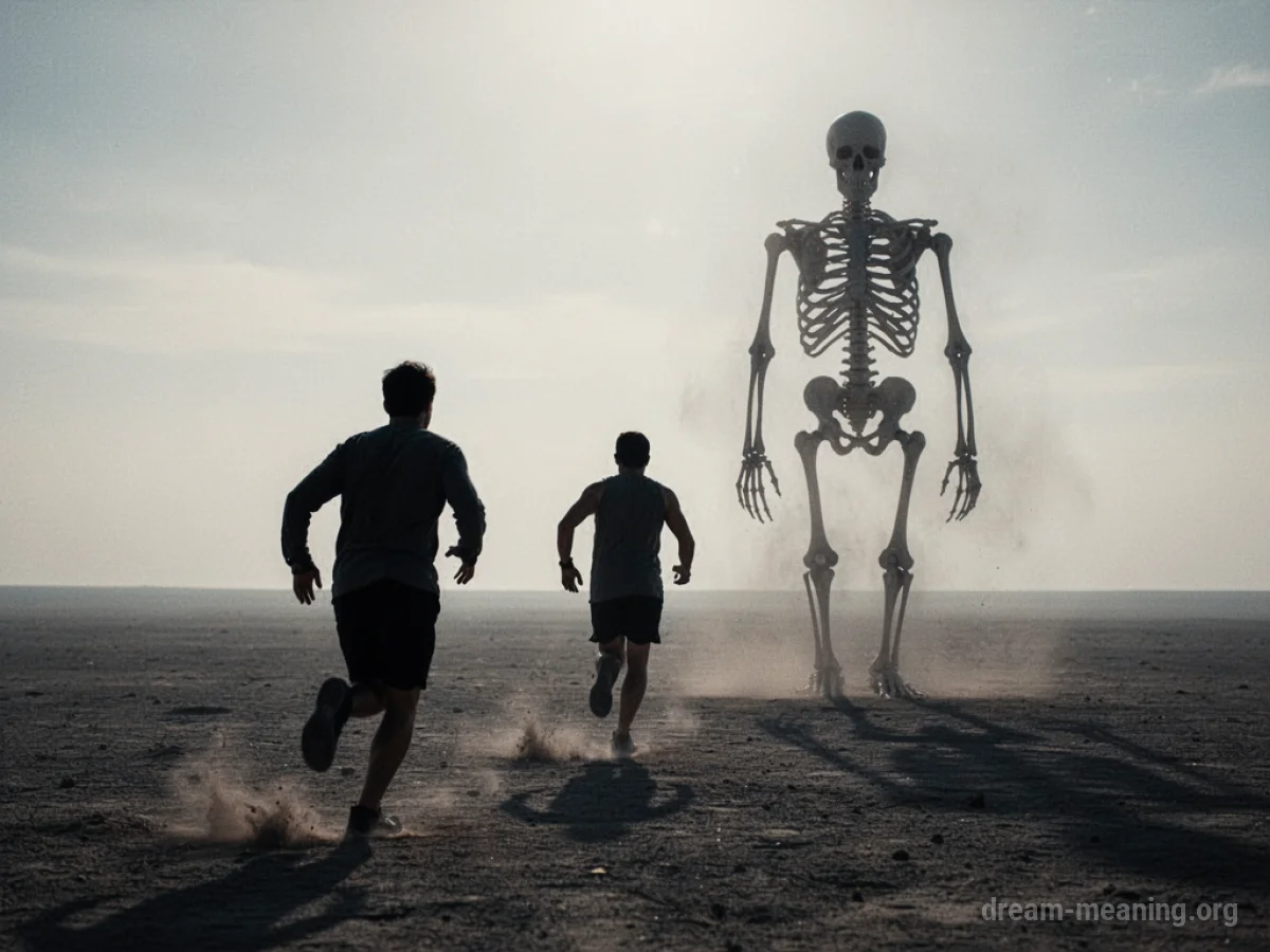 Silhouette of a person running from a tall, dark skeleton.
