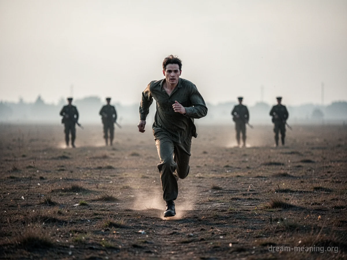 A person running across an empty field with indistinct figures in the distance.