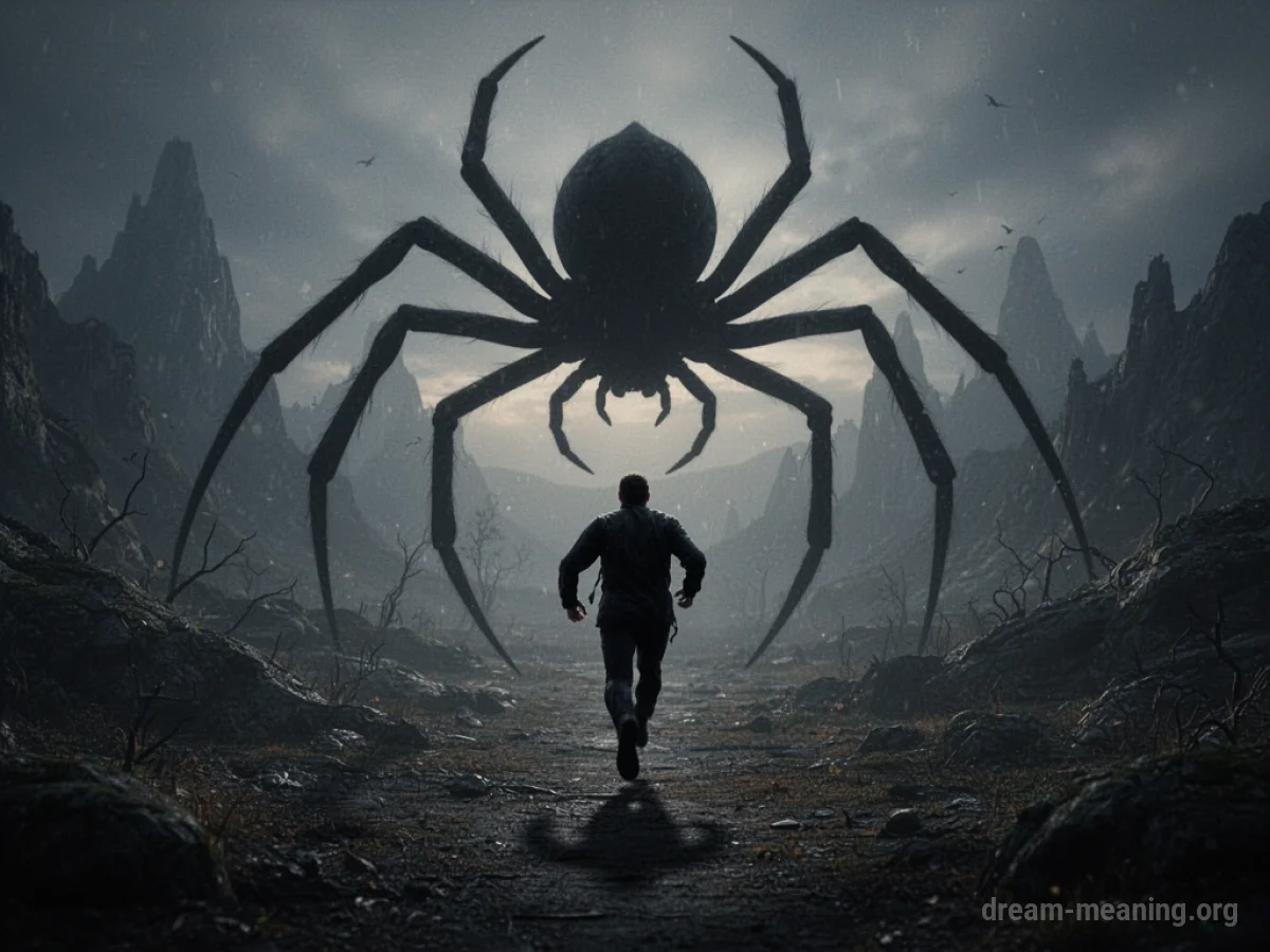 A person running away from a large spider shape in a dark, abstract environment.
