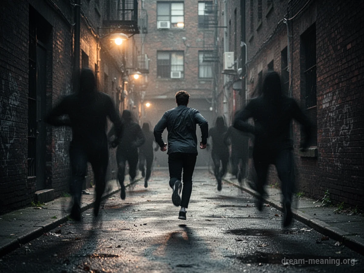 A silhouette of a person running down a dark alley, with shadowy figures behind them.