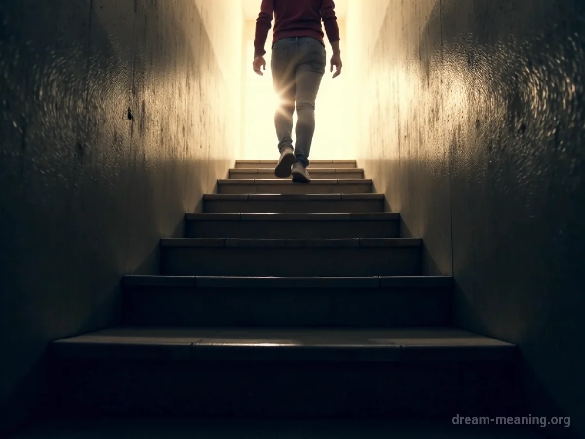 Legs rapidly moving up a long staircase towards a bright light.